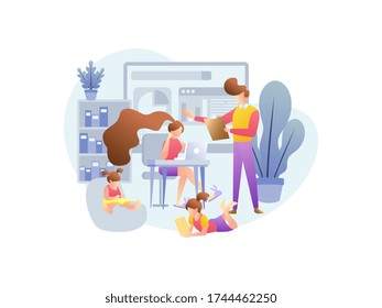 The concept of working from home. A freelance man works at home with a laptop, working in the production room accompanied by a family. Vector illustration of isolated on a room background