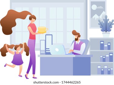 El concepto de trabajar desde casa. Un hombre independiente trabaja en casa con una laptop, trabajando en la sala de producción acompañado por una familia. Ilustración vectorial aislada en el fondo de una habitación