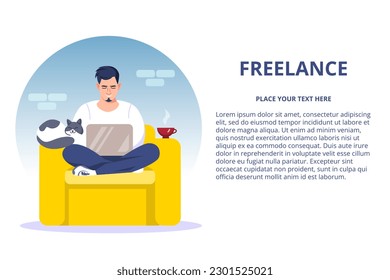 Das Konzept der Arbeit zu Hause. Ein Freiberufler, der zu Hause mit einer Katze arbeitet. Das Konzept der Fernarbeit oder Arbeit zu Hause. Vektorwebbanner mit Text