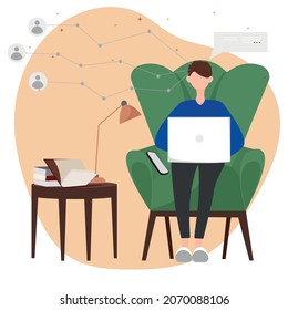 concept of working at home. The male character is sitting in slippers in an easy chair with a laptop in his hands. Cozy vector illustration in flat style, freelance, mail, student, work
