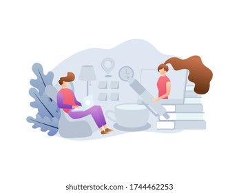 
The concept of working from home. A man is working with a notebook, a pen and sitting on the couch, a women is giving data. Vector illustration of workspace