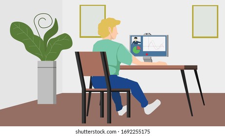 Concepto de trabajar desde casa. El hombre estudia y aprende varios trabajos a través de Internet en casa. Con una gran pantalla sobre la mesa y una maceta de planta al lado de la pared.