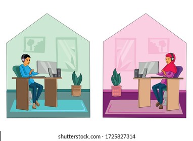 The concept of working from home. Modern teens do their activities from home, self-isolation, quarantine due to coronavirus. Pictorial home activities.Vector