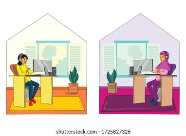 The concept of working from home. Modern teens do their activities from home, self-isolation, quarantine due to coronavirus. Pictorial home activities.Vector