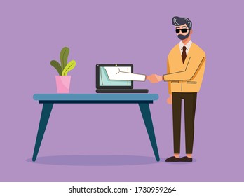 Concept working at Home Office. Businessman reaching an agreement with Colleagues Online.  and making a deal after a business meeting. Vector illustration.