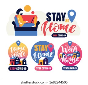 Concept of working at home. Protection covid-19 - stay at home.Work wherever you want.  Creating ideas. E-learning. Freelance. Flat vector illustration.