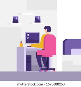 the concept of working at home or working in a room. illustration of person working using a computer in a room. freelancers, remote work, programmers, graphic design, copywriters. flat design