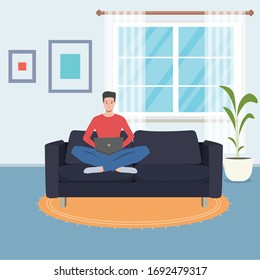 Concept of working from home sitting on sofa in room