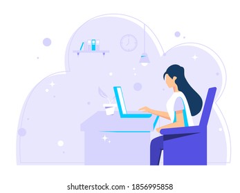 Concept of working at home. Woman with the laptop sits on the chair. Working on a laptop in her home. Flat vector illustration.