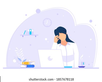 Concept of working at home. Woman is thinking by sitting in front of the laptop. Woman working on a laptop in her home. Flat vector illustration.