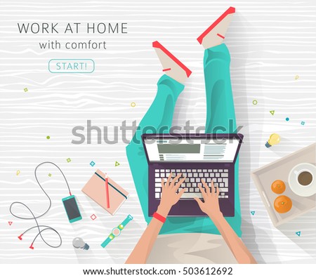 Concept of working at home. Work wherever you want in comfortable conditions. Creating ideas. Freelance.