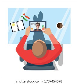 The concept of working from home.A person is sitting at a glass table, communicating via video chat on a tablet computer online chat.Vector illustration of a flat design.Video conference, meeting.