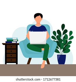 The concept of working at home-freelance or study. A man is sitting on the armchair with a laptop. Cute vector illustration in flat style.