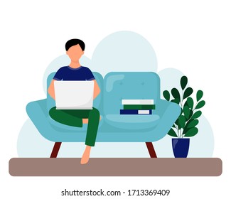 The concept of working at home-freelance or study. A man is sitting on the sofa with a laptop. Cute vector illustration in flat style.