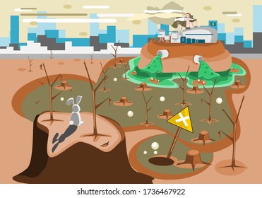 Concept working Industrial plants (factory) that pollute soil, water and air affect the environment natural. Emits smoke toxic gases into air and waste water from cement pipes to water sources vector.