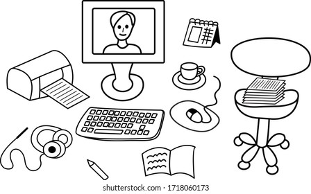 The concept of working in an office. Set of images of office equipment and items: monitor, printer, keyboard, chair, paper, headphones, calendar, black and white vector illustration