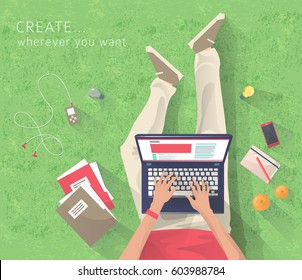 Concept of working at the park. Relaxation. Work wherever you want with pleasure. Creating ideas. E-learning. Freelance. Flat vector illustration.