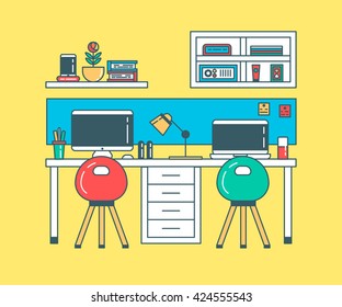The concept of working place for creative people. New style illustration. Vector. Flat. Good colors. Positive idea. 