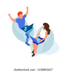 The concept of the working process of a team of two people. Successful work. Isometric 3d