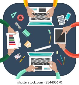 Concept of working process and workplace organization for business team. Top view of desk with businessman hands, laptops, computer, documents and different office objects in flat design
