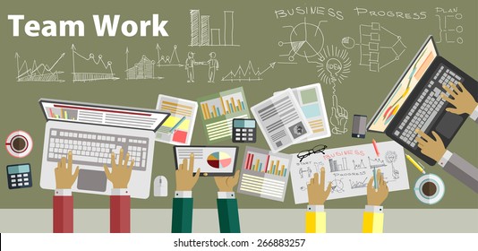 Concept of working process and workplace organization for business team. Top view of desk with businessman hands, laptops, computer, documents and different office objects in flat design