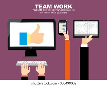 Concept of working process and workplace organization for business team. Top view of desk with businessman hands, laptops, computer, documents and different office objects in flat design