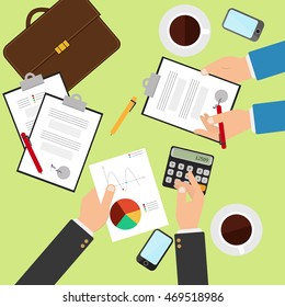 Concept of working process and workplace organization for business team. Top view of desk with businessman hands, laptops, computer, documents and different office objects in flat design.