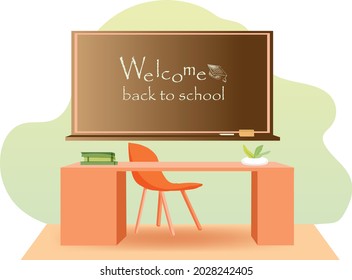 The concept of a working school office. Board, table, books and plant. The inscription "Welcome back to school" Interior of the teacher. Vector in flat style.