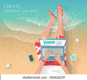 Concept of working at the sea. Relaxation. Work wherever you want with pleasure. Creating ideas. Freelance.