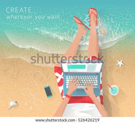 Concept of working at the sea. Relaxation. Work wherever you want with pleasure. Creating ideas. Freelance.