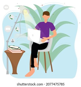 concepto de trabajo, estudiar en línea. Un hombre está sentado en un sillón con una laptop, un empleado de oficina, trabajando en casa. Dibujo vectorial plano acogedor aislado en fondo blanco