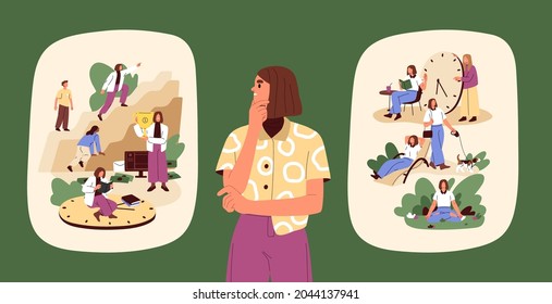 Concept of work-life choice and balance. Person comparing and choosing between carefree rest, personal leisure time and busy lifestyle, career race for professional success. Flat vector illustration