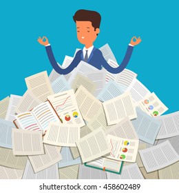 Concept of workload. Businessman buried under a pile of books, textbooks and papers. Flat design, vector illustration.