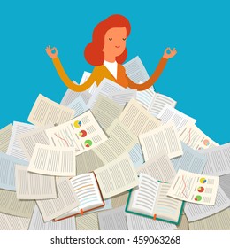 Concept of workload. Student buried under a pile of books, textbooks and papers. Flat design, vector illustration.