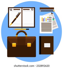 Concept of workplace with briefcase and different office objects in flat design