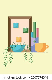 Konzept von Arbeitsplatz, Call Center oder Büro, mit Pflanze und Tasse einzeln auf gelbem Hintergrund. Vektorgrafik im Flachstil. Vektorgrafik