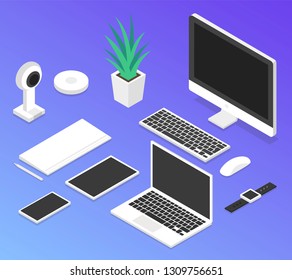 Concept of workplace with computer, laptop, mobile phone, flower and office equipment. On color background. Isometric vector illustration.