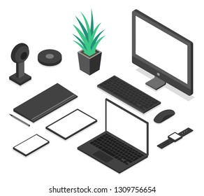 Concept of workplace with computer, laptop, mobile phone, flower and office equipment. On white background. Isometric vector illustration.