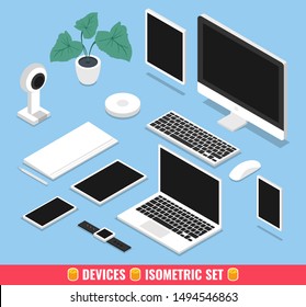 Concept of workplace with computer, laptop, mobile phone, flower and office equipment. 3d devices isolated on white background.