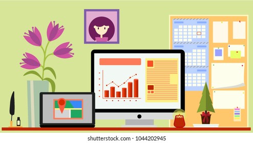 Concept of workplace with computer and office equipment. Vector illustration.