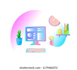 Concept of workplace with computer and office equipment. Vector illustration.