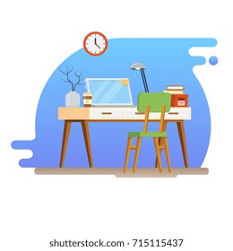 Concept of workplace with computer and office equipment. Flat vector illustration of Creative Workspace