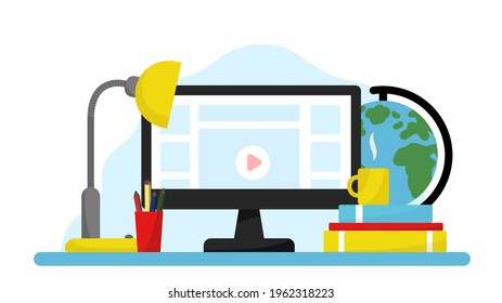 The concept of a workplace with a computer. The student's home place. Learning at home. books, a globe, a lamp. Vector illustration of a flat