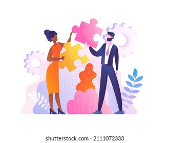Concept of workplace culture. Man and woman holding bright puzzles in their hand. Teamwork metaphor. Partnership and collaboration. Strong working relationship. Cartoon flat vector illustration