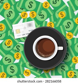 Concept of workplace in flat style with money. Vector