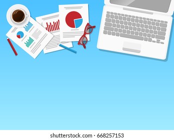 Concept of workplace with reports and laptop. Vector.