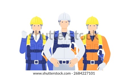 Concept of workplace safety and fall prevention. A worker equipping a fall arrest system.