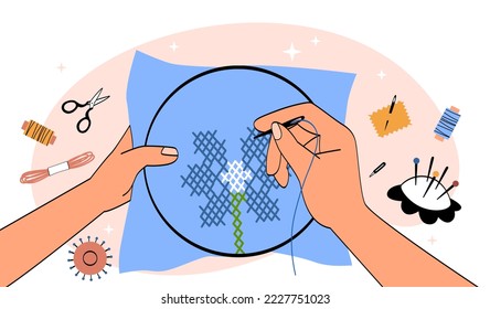 Concepto del taller. Flor de bordado de carácter en tela, tarea y costura. Moda y estilo, tendencia. Pequeña empresa, producción de accesorios, taller. Dibujo vectorial plano de dibujos animados