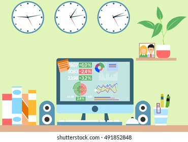 Concept workstation at home in a flat style. Vector illustrations workspace. Business and training.