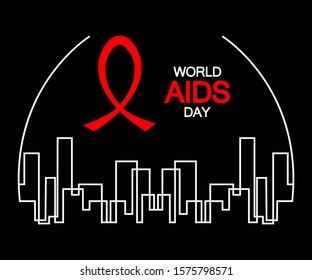 Concept of World AIDS Day in line art style. White cityscape on a black background with a red ribbon and text World AIDS day